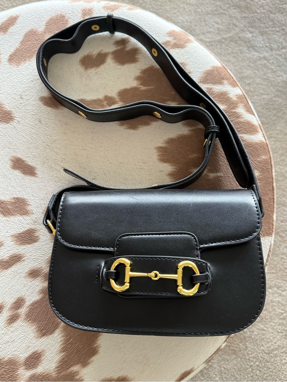 Black Leather Crossbody Bag with Gold Horsebit Detail